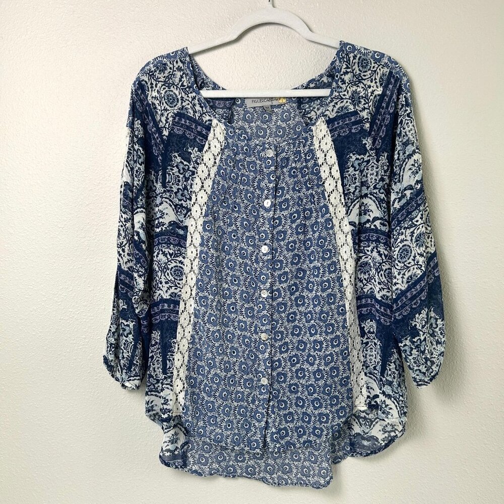 Figueroa & Flower Top Womens Size M Blue Floral Button Front Peasant Lace Trim